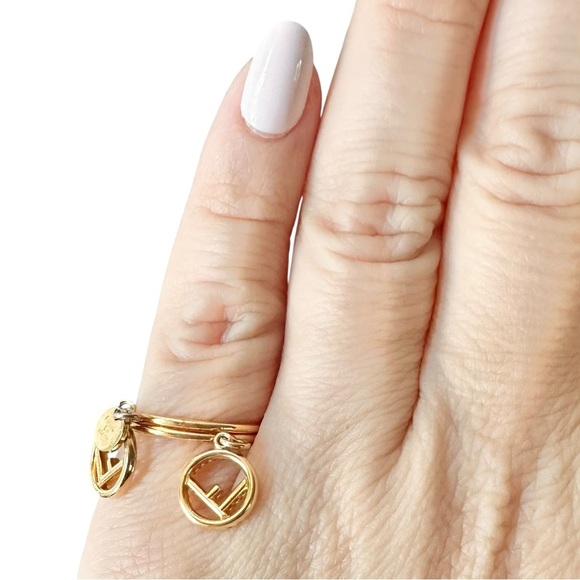 FENDI Gold Double Ring Crystal Charm Set with Box (Size 7) - Picture 7 of 12